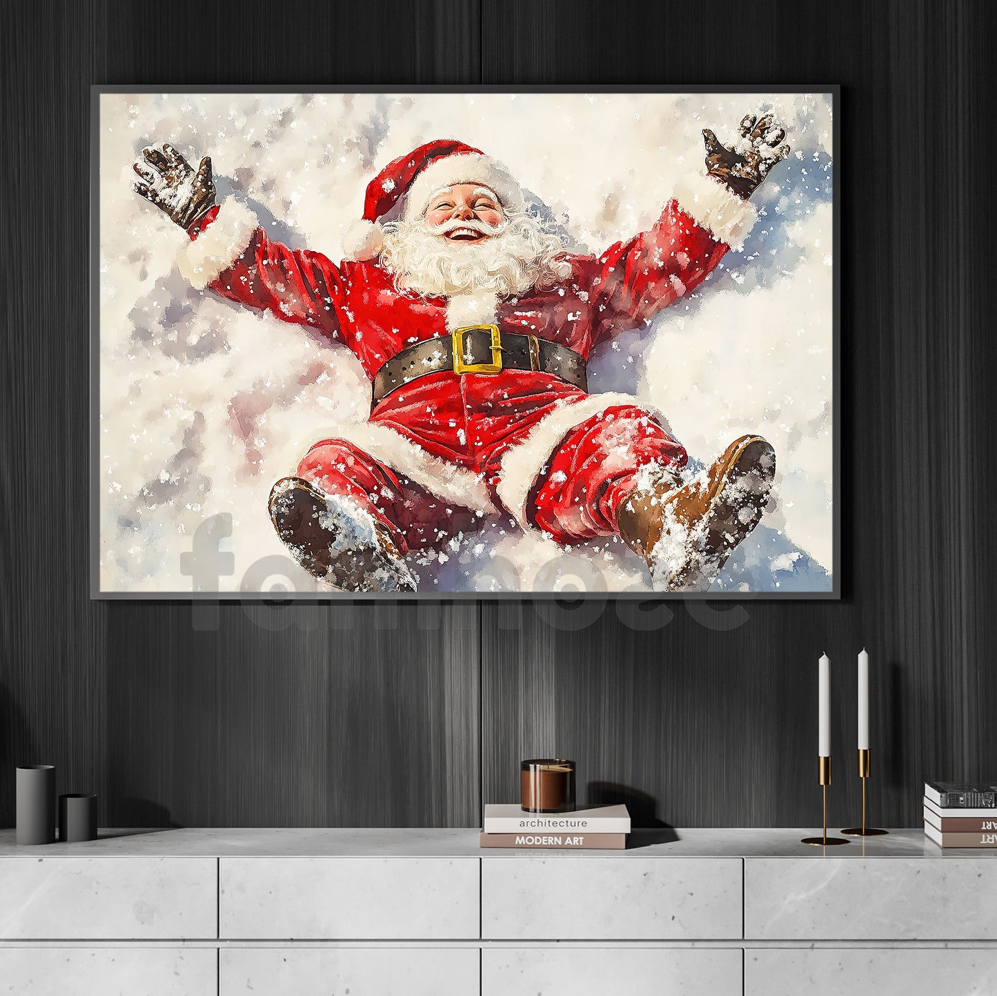 Funny Christmas Canvas Painting, Santa Playing In Snow Wall Art Decor, Xmas Poster Gift