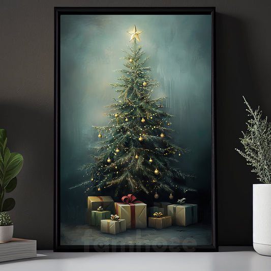 Vintage Christmas Canvas Painting, Glowing Christmas Pine Tree And Gift Under Winter Wall Art Decor, Xmas Poster Gift For Pine Tree Lovers