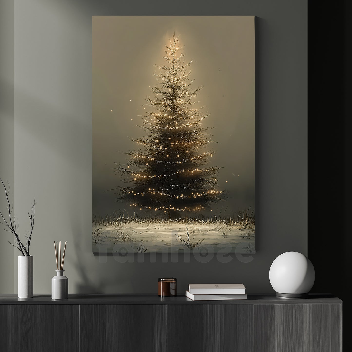 Cozy Christmas Tree Canvas Painting, Glowing Christmas Tree Wall Art Decor, Xmas Poster Gift