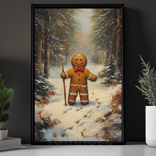 Cute Christmas Canvas Painting, Gingerbread Man In Snow Wall Art Decor, Xmas Poster Gift For Gingerbread Lovers