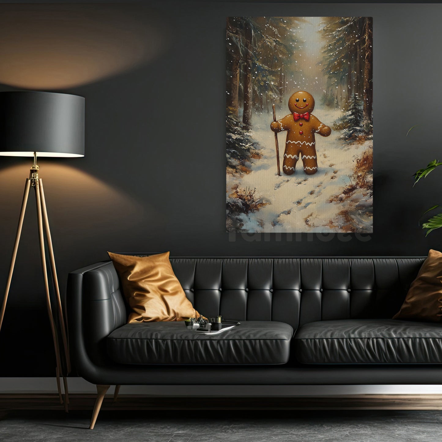 Cute Christmas Canvas Painting, Gingerbread Man In Snow Wall Art Decor, Xmas Poster Gift For Gingerbread Lovers