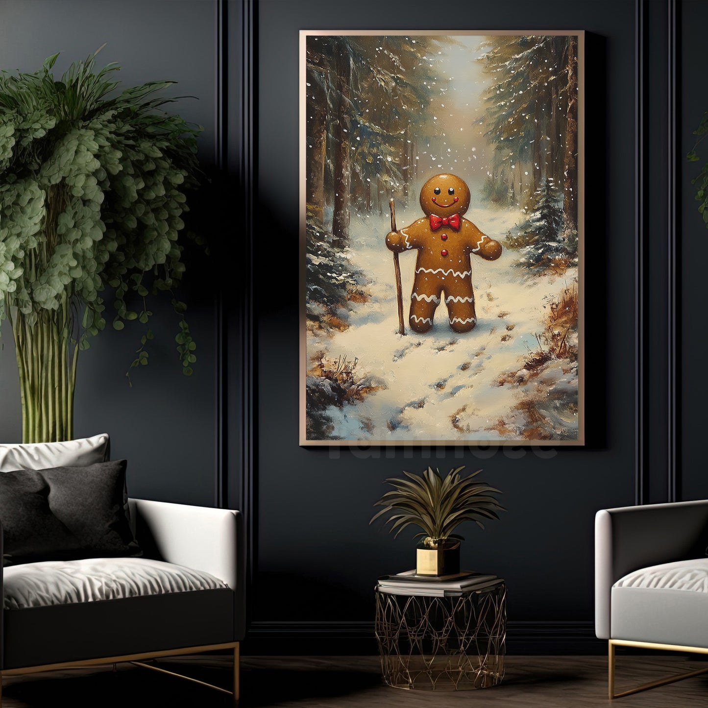 Cute Christmas Canvas Painting, Gingerbread Man In Snow Wall Art Decor, Xmas Poster Gift For Gingerbread Lovers