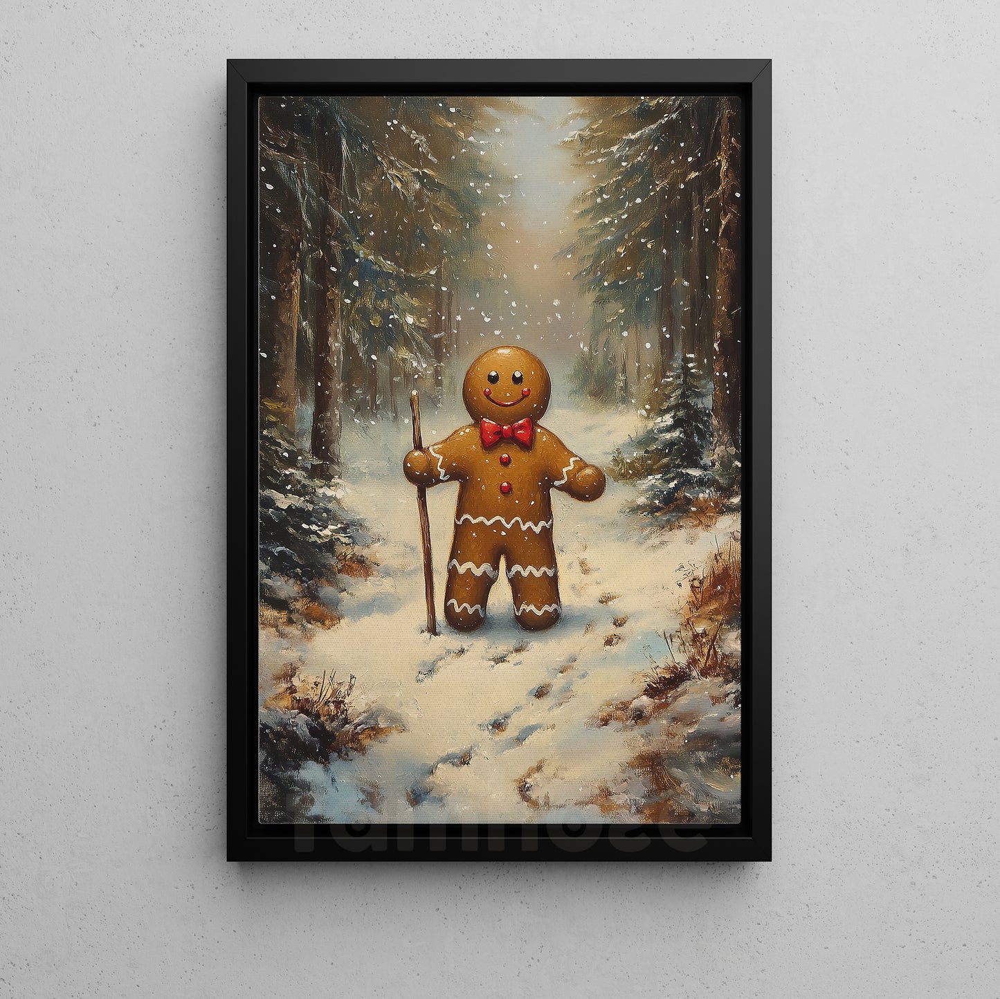 Cute Christmas Canvas Painting, Gingerbread Man In Snow Wall Art Decor, Xmas Poster Gift For Gingerbread Lovers