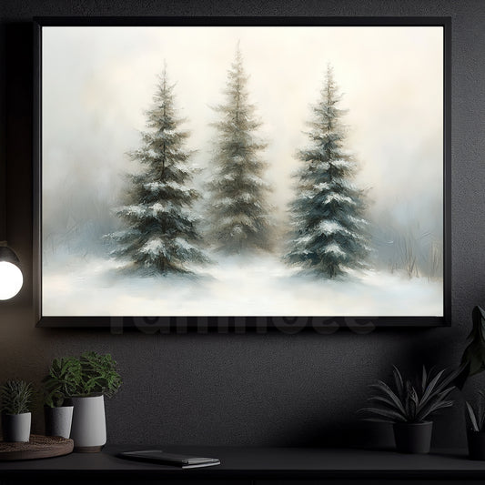 Vintage Christmas Tree Canvas Painting, A Trio Of Pine Tree In Winter Wall Art Decor, Xmas Poster Gift For Christmas Tree Lovers