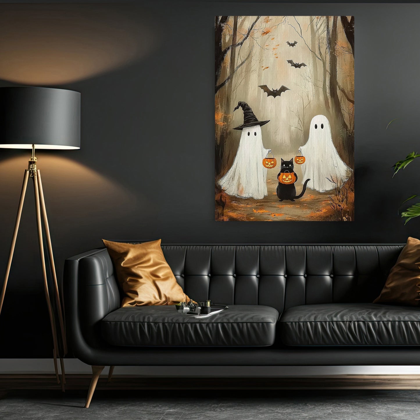 Ghost And Cat Trick Or Treat Halloween Canvas Painting, Spooky Season Wall Art Decor, Halloween Poster Gift For Ghost Lovers