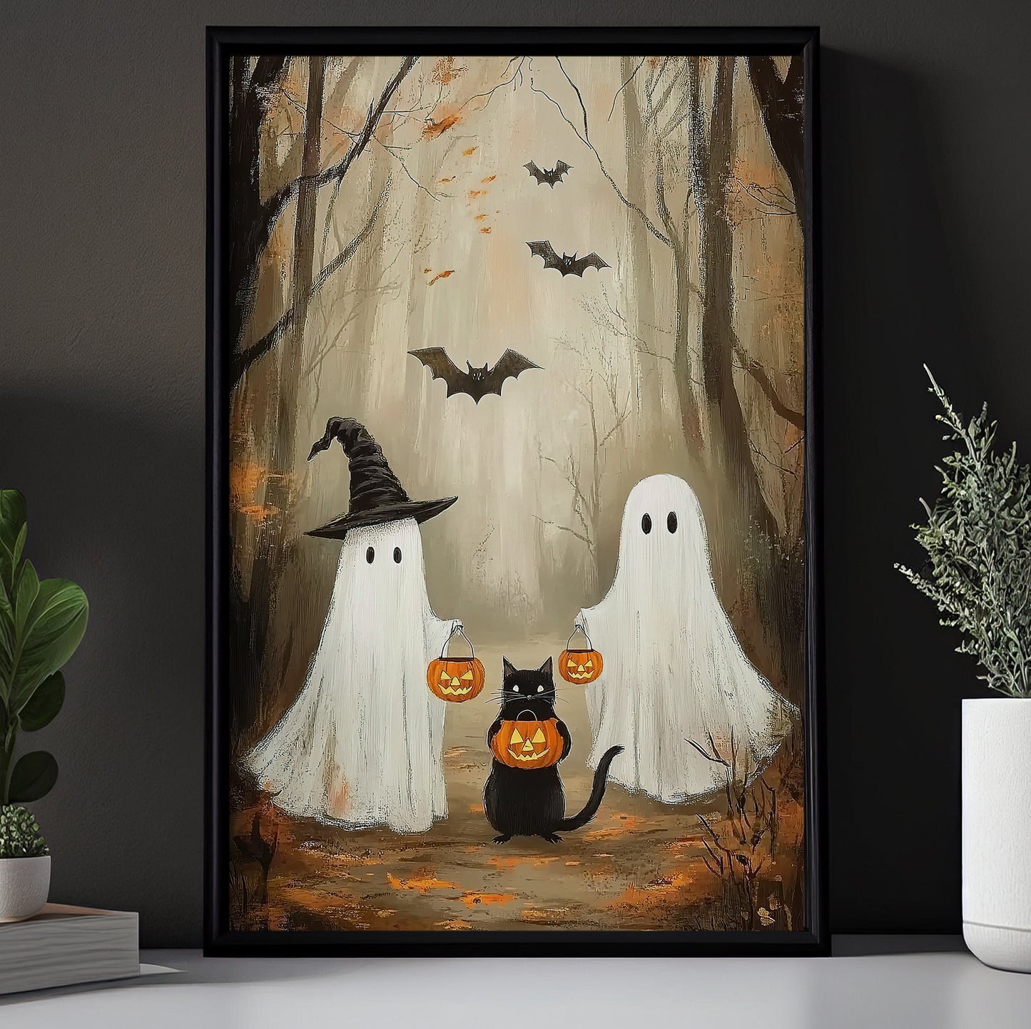 Ghost And Cat Trick Or Treat Halloween Canvas Painting, Spooky Season Wall Art Decor, Halloween Poster Gift For Ghost Lovers