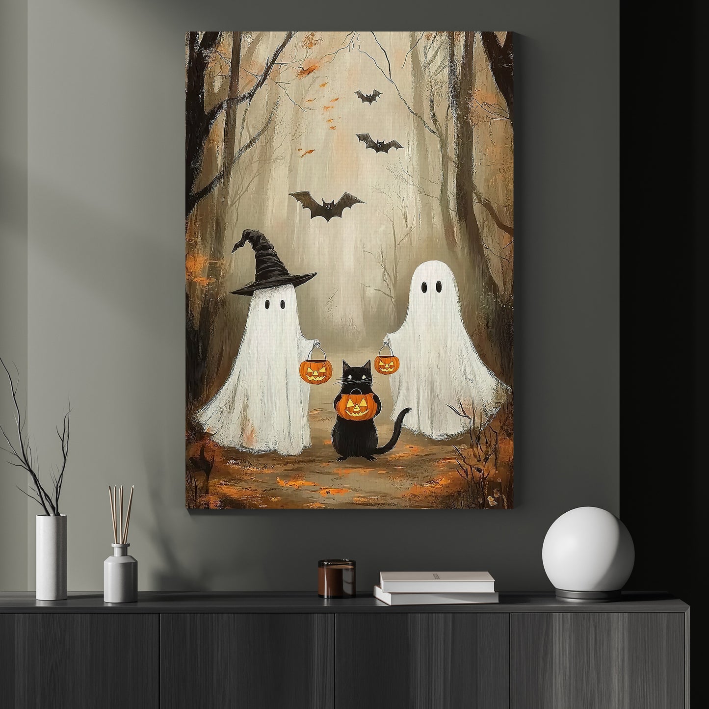 Ghost And Cat Trick Or Treat Halloween Canvas Painting, Spooky Season Wall Art Decor, Halloween Poster Gift For Ghost Lovers