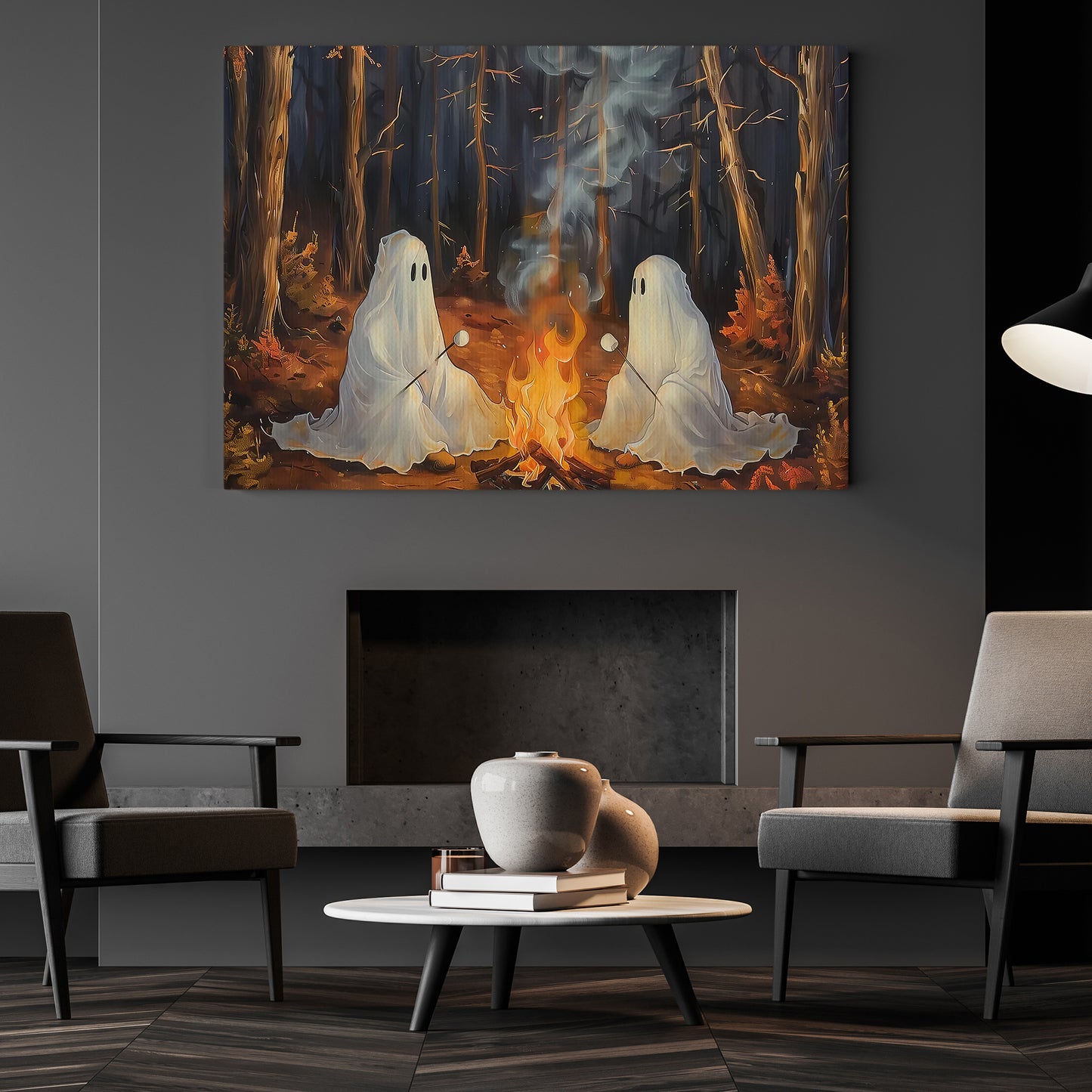 Interesting Halloween Canvas Painting, Ghost Camping Spooky Season Wall Art Decor, Halloween Poster Gift For Ghost Lovers