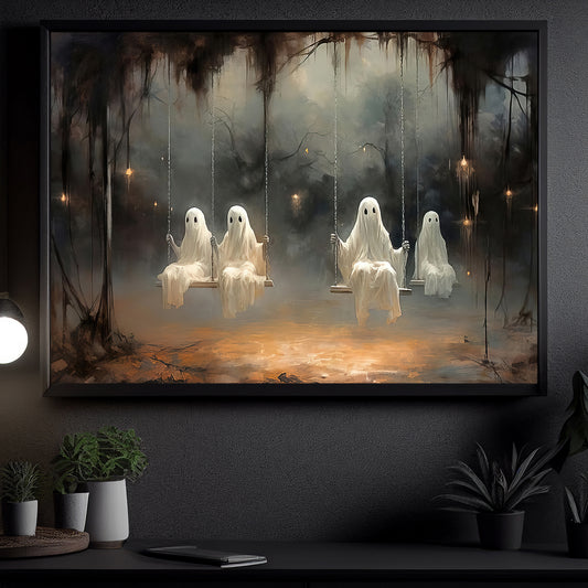 Interesting Ghost Halloween Canvas Painting, Haunted Playground Spooky Season Wall Art Decor, Halloween Poster Gift For Ghost Lovers