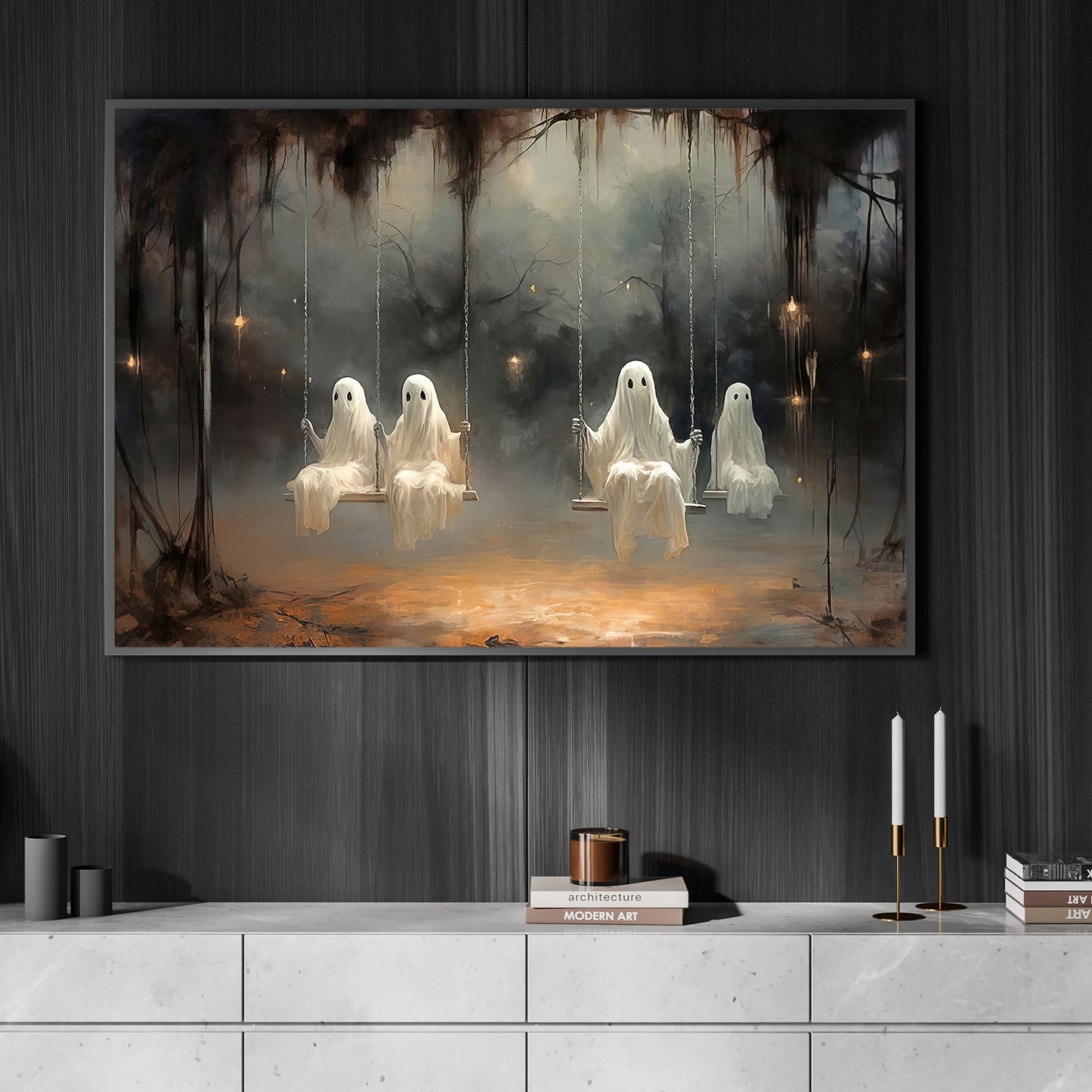 Interesting Ghost Halloween Canvas Painting, Haunted Playground Spooky Season Wall Art Decor, Halloween Poster Gift For Ghost Lovers