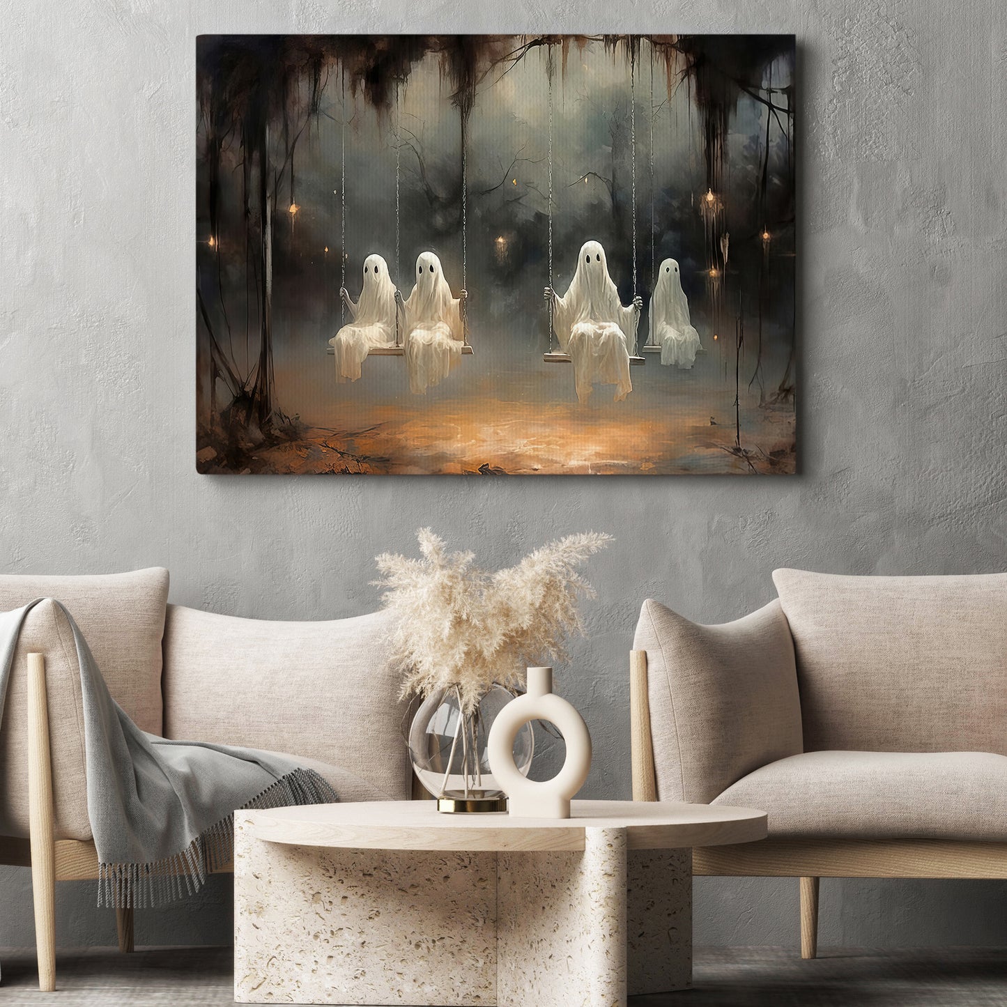 Interesting Ghost Halloween Canvas Painting, Haunted Playground Spooky Season Wall Art Decor, Halloween Poster Gift For Ghost Lovers