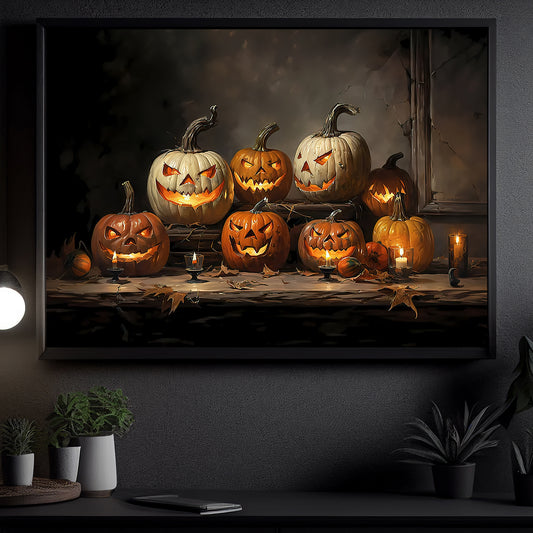 Interesting Halloween Canvas Painting, Scary Pumpkins Spooky Season Wall Art Decor, Halloween Poster Gift For Pumpkin Lovers