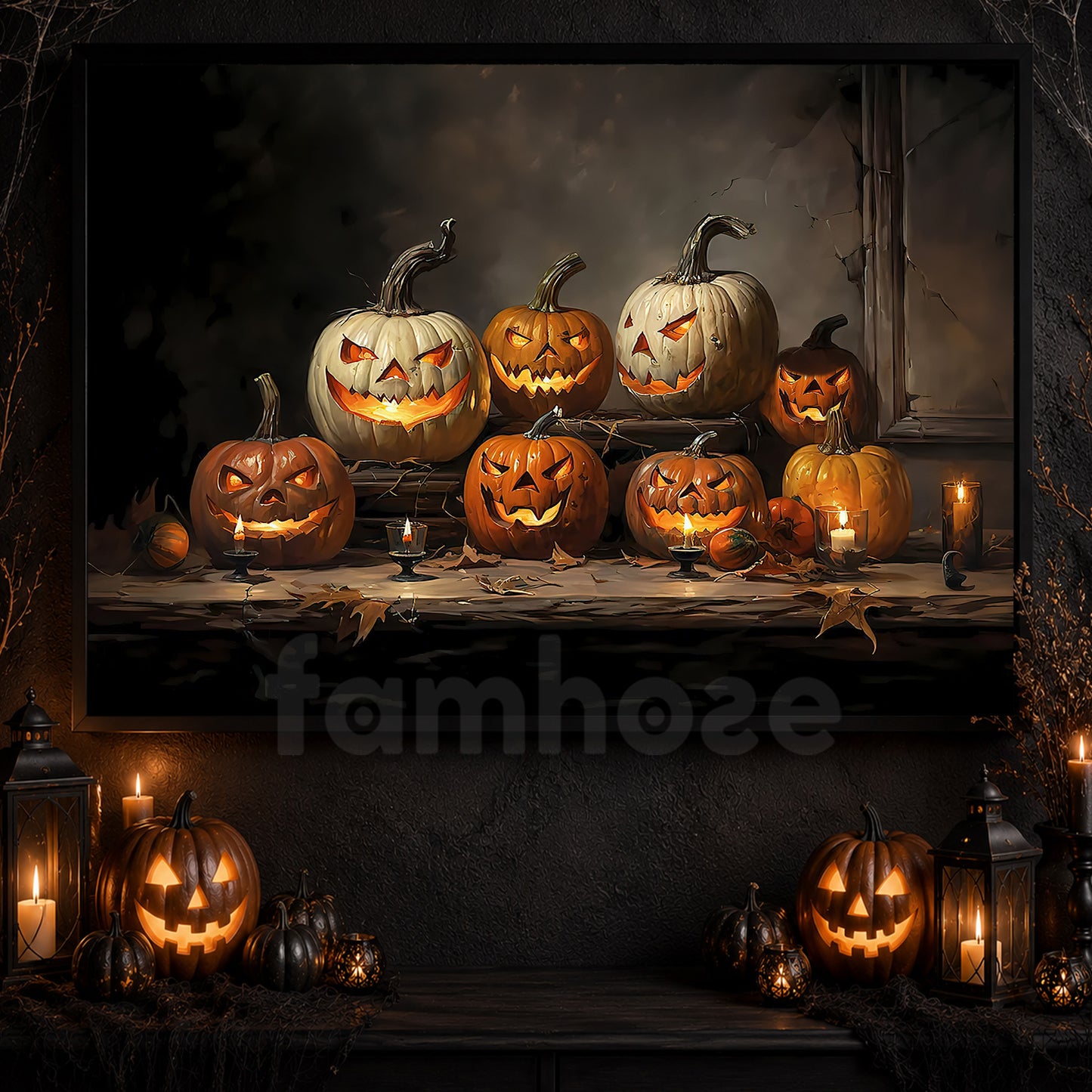 Interesting Halloween Canvas Painting, Scary Pumpkins Spooky Season Wall Art Decor, Halloween Poster Gift For Pumpkin Lovers
