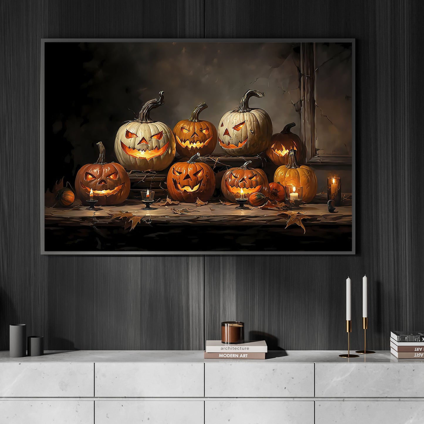 Interesting Halloween Canvas Painting, Scary Pumpkins Spooky Season Wall Art Decor, Halloween Poster Gift For Pumpkin Lovers