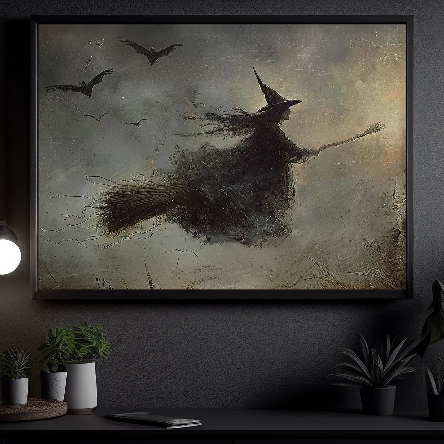 Interesting Halloween Canvas Painting, Witch Rides Broom Spooky Season Wall Art Decor, Halloween Poster Gift For Witch Lovers