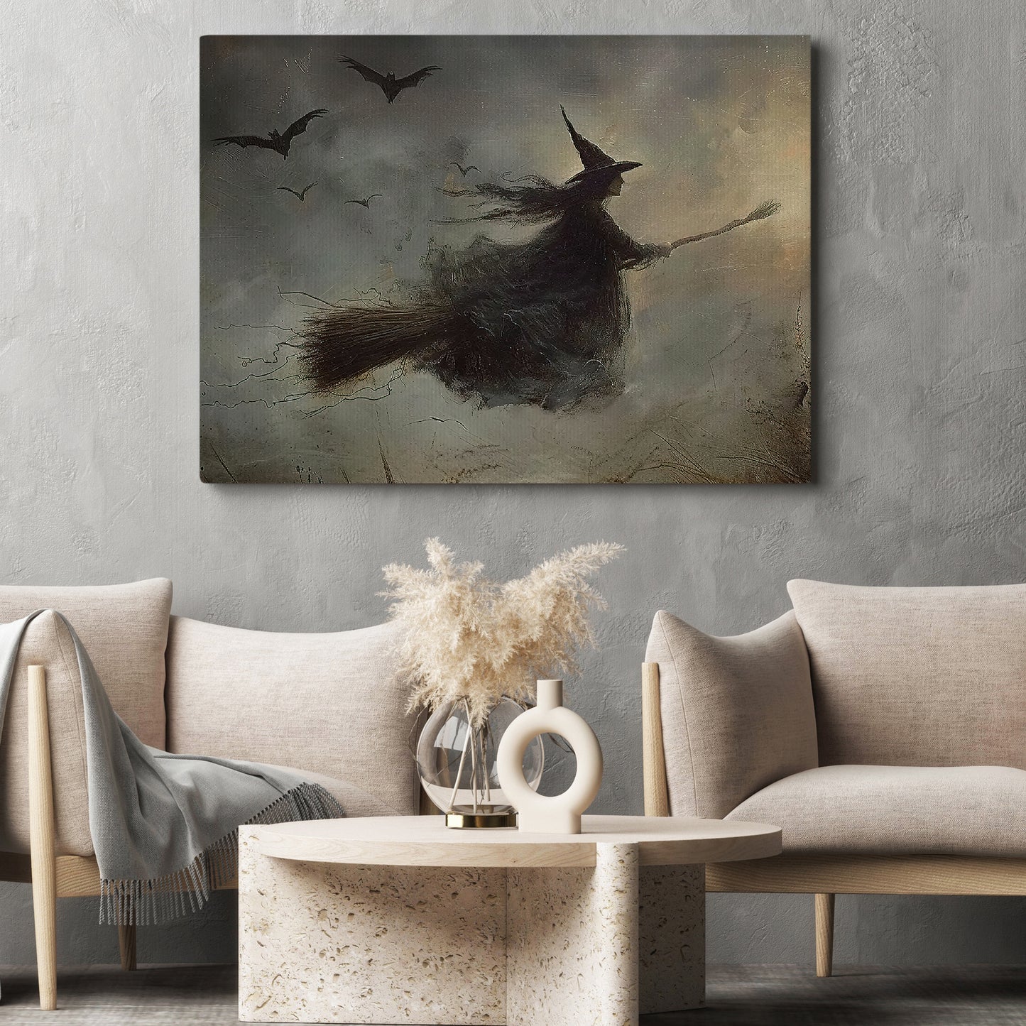 Interesting Halloween Canvas Painting, Witch Rides Broom Spooky Season Wall Art Decor, Halloween Poster Gift For Witch Lovers