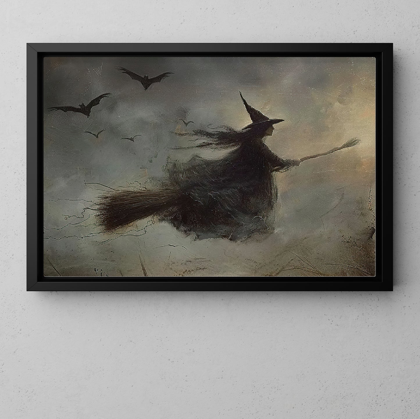 Interesting Halloween Canvas Painting, Witch Rides Broom Spooky Season Wall Art Decor, Halloween Poster Gift For Witch Lovers