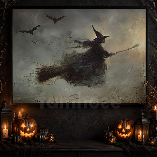 Interesting Halloween Canvas Painting, Witch Rides Broom Spooky Season Wall Art Decor, Halloween Poster Gift For Witch Lovers