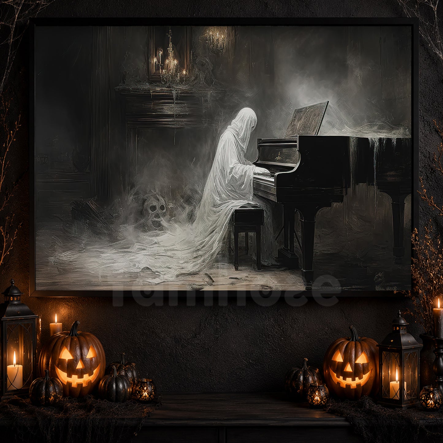 Interesting Halloween Canvas Painting, Ghost Plays Piano Spooky Season Wall Art Decor, Halloween Poster Gift For Ghost Lovers