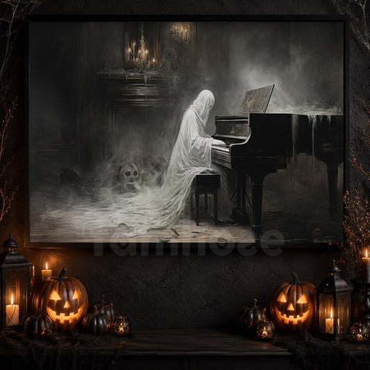 Interesting Halloween Canvas Painting, Ghost Plays Piano Spooky Season Wall Art Decor, Halloween Poster Gift For Ghost Lovers