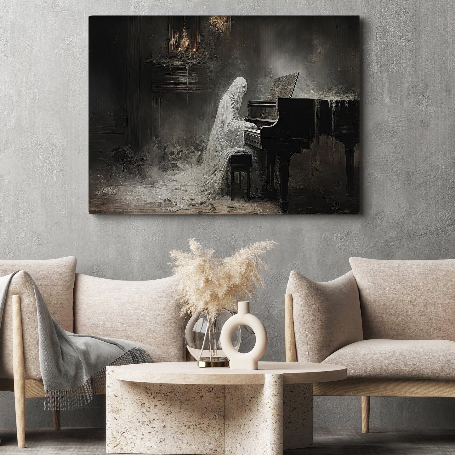 Interesting Halloween Canvas Painting, Ghost Plays Piano Spooky Season Wall Art Decor, Halloween Poster Gift For Ghost Lovers