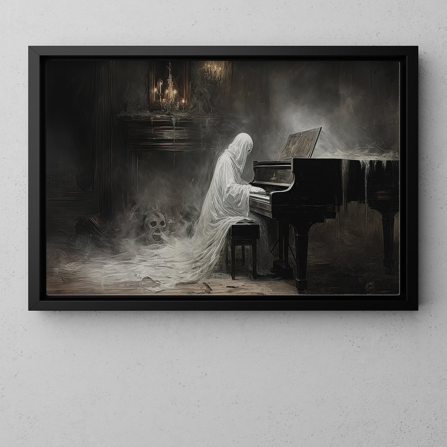 Interesting Halloween Canvas Painting, Ghost Plays Piano Spooky Season Wall Art Decor, Halloween Poster Gift For Ghost Lovers