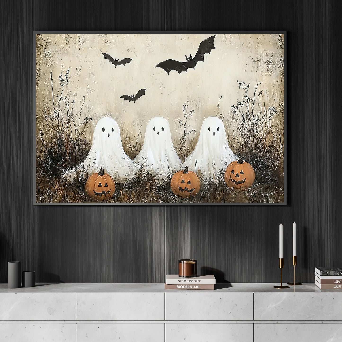 Interesting Halloween Canvas Painting, Ghostly Gathering Spooky Season Wall Art Decor, Halloween Poster Gift For Ghost Lovers