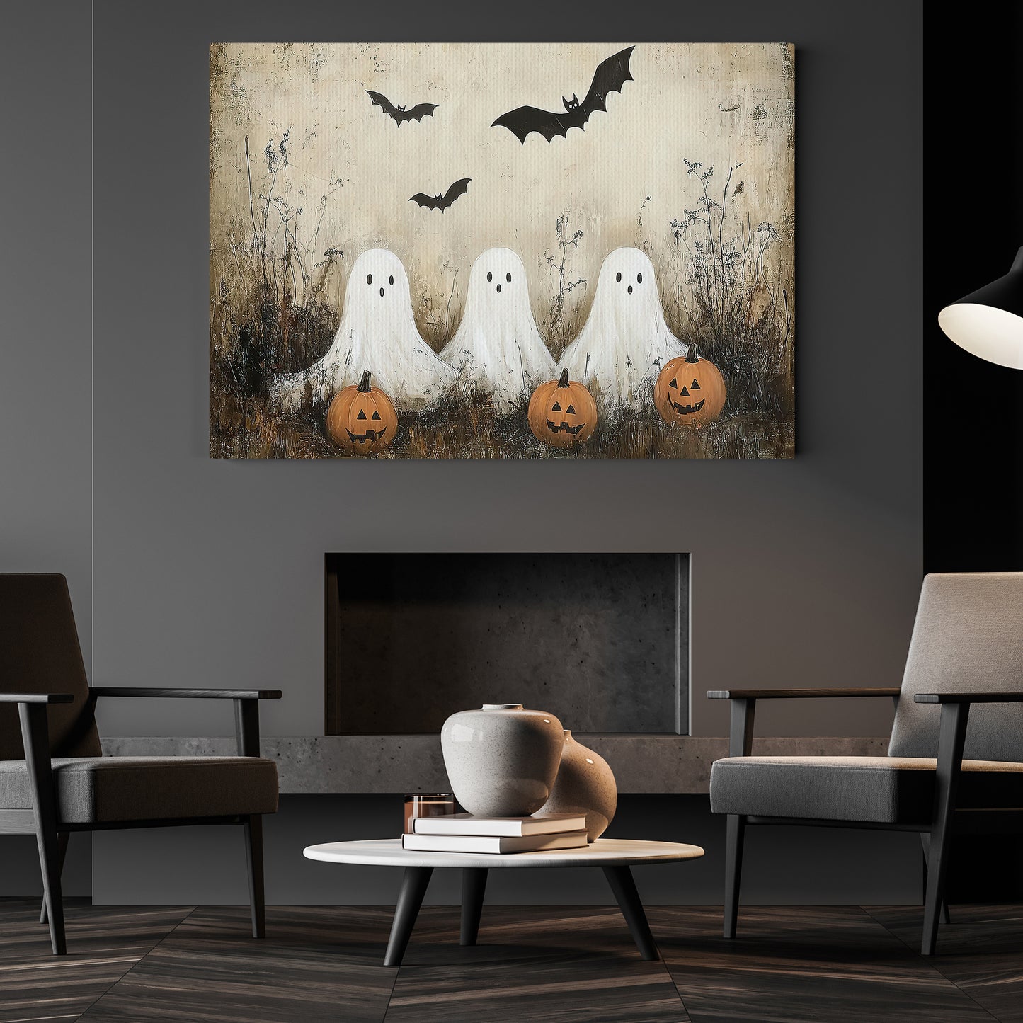 Interesting Halloween Canvas Painting, Ghostly Gathering Spooky Season Wall Art Decor, Halloween Poster Gift For Ghost Lovers