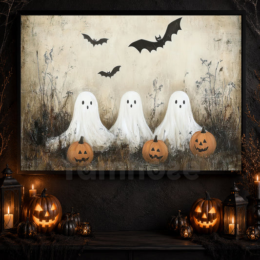 Interesting Halloween Canvas Painting, Ghostly Gathering Spooky Season Wall Art Decor, Halloween Poster Gift For Ghost Lovers