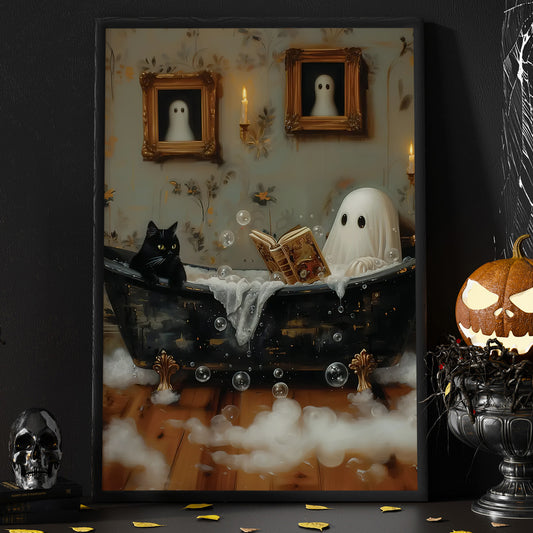 Vintage Halloween Canvas Painting, Ghost, Cat In Bath Spooky Season Wall Art Decor, Halloween Poster Gift For Ghost Lovers