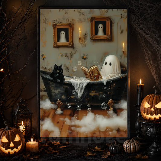Vintage Halloween Canvas Painting, Ghost, Cat In Bath Spooky Season Wall Art Decor, Halloween Poster Gift For Ghost Lovers