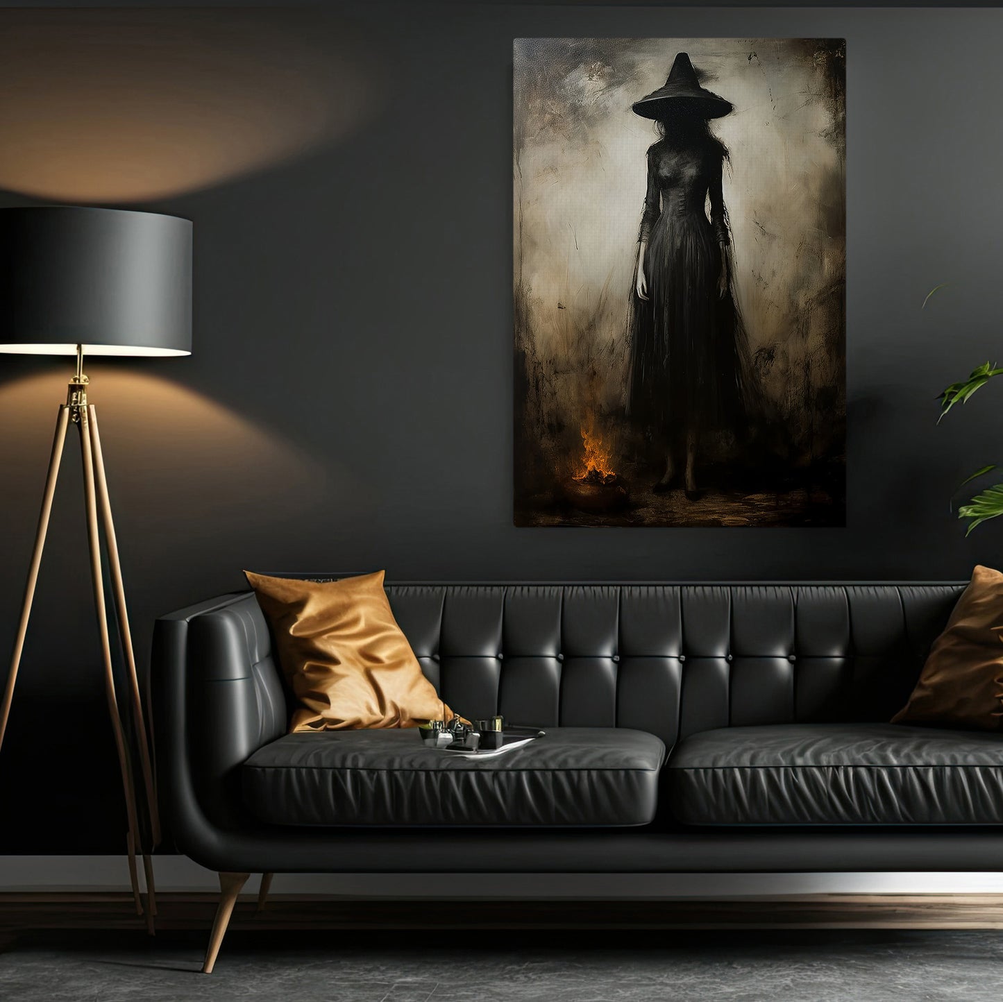 Halloween Canvas Painting, Black Witch Spooky Season Wall Art Decor, Halloween Poster Gift For Witch Lovers