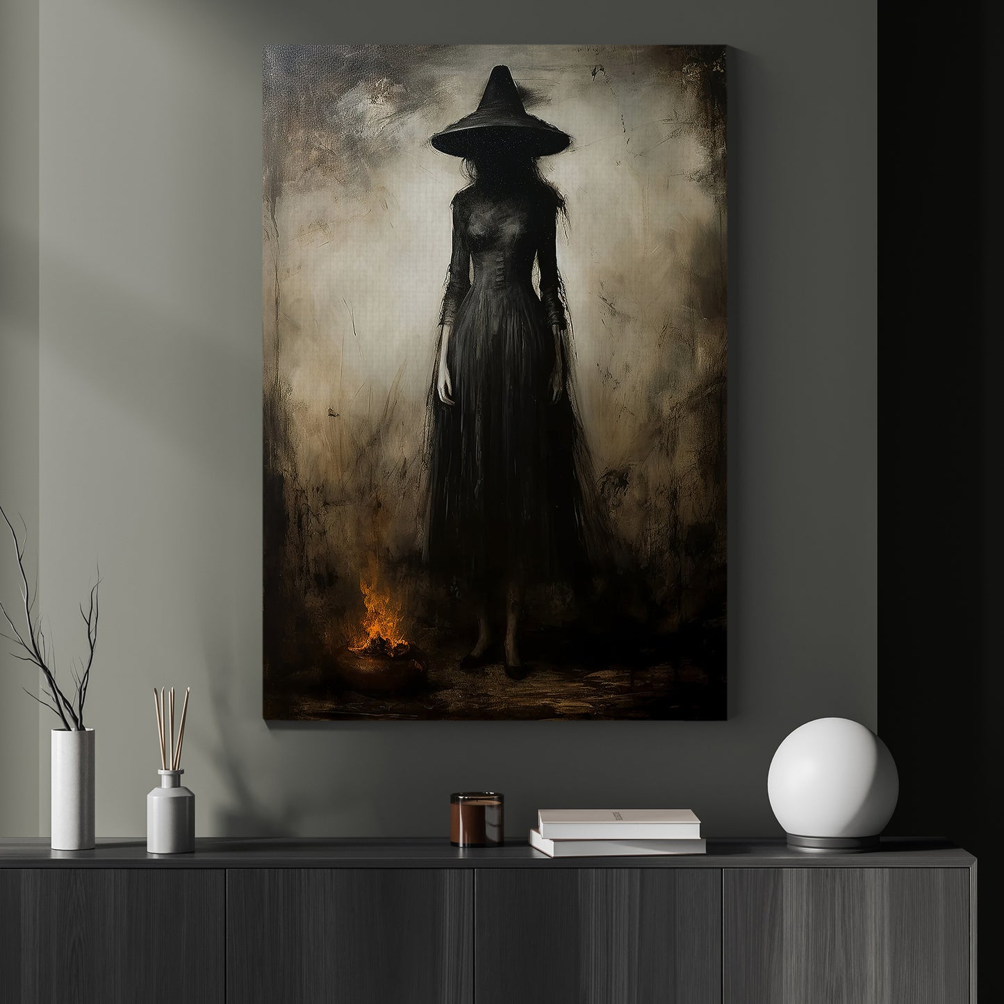 Halloween Canvas Painting, Black Witch Spooky Season Wall Art Decor, Halloween Poster Gift For Witch Lovers