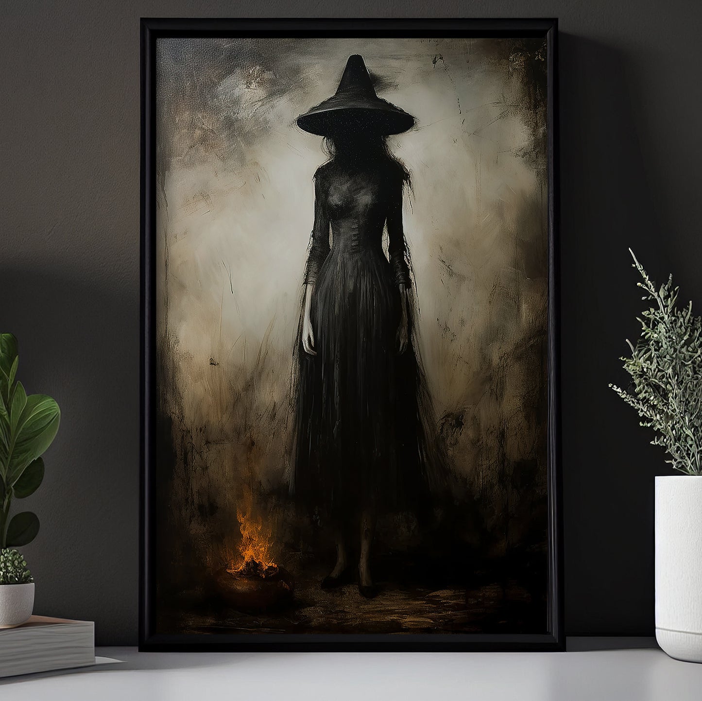 Halloween Canvas Painting, Black Witch Spooky Season Wall Art Decor, Halloween Poster Gift For Witch Lovers