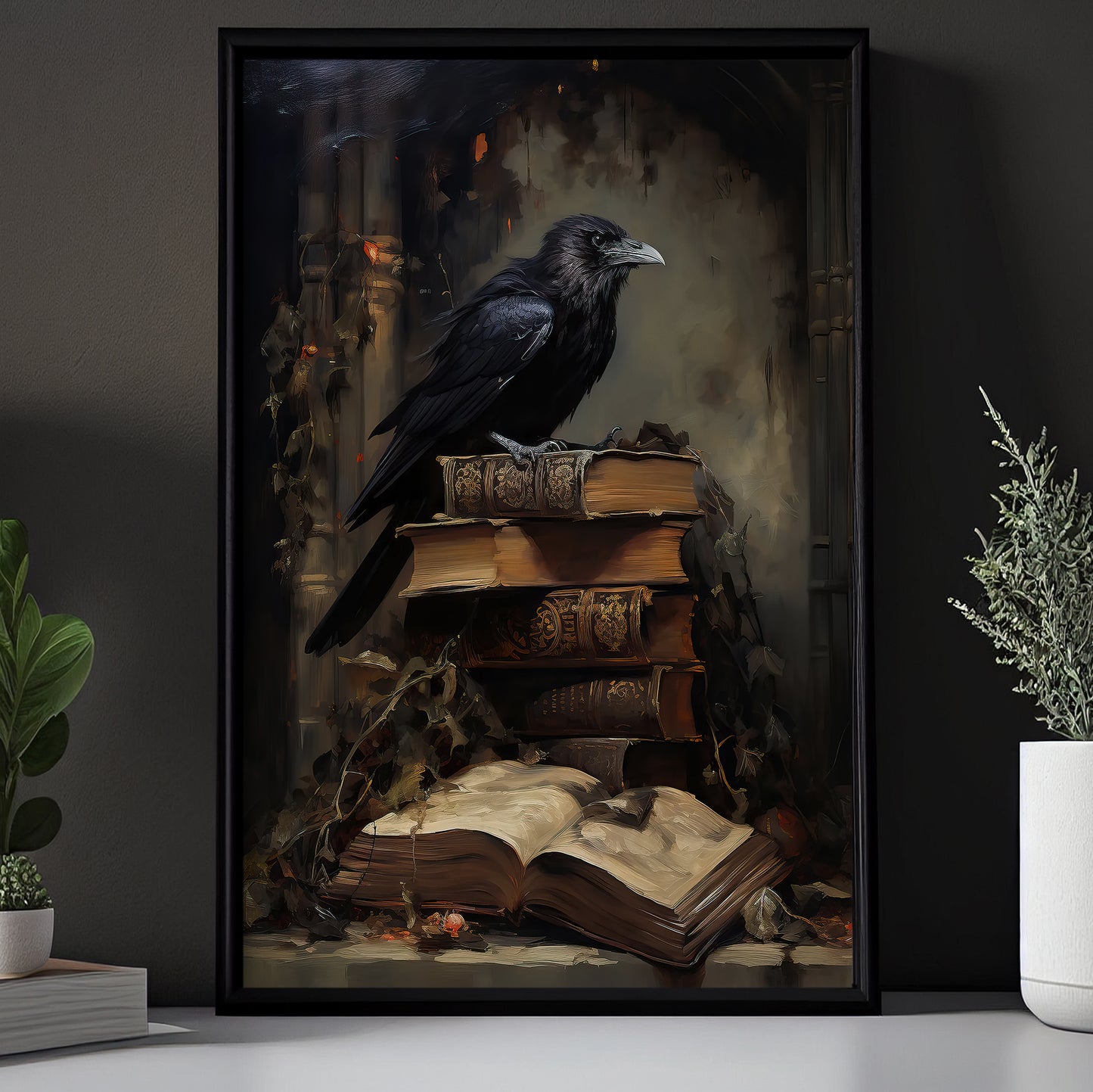 The Raven and the Tomes Halloween Canvas Painting, Spooky Season Wall Art Decor, Halloween Poster Gift For Raven Lovers