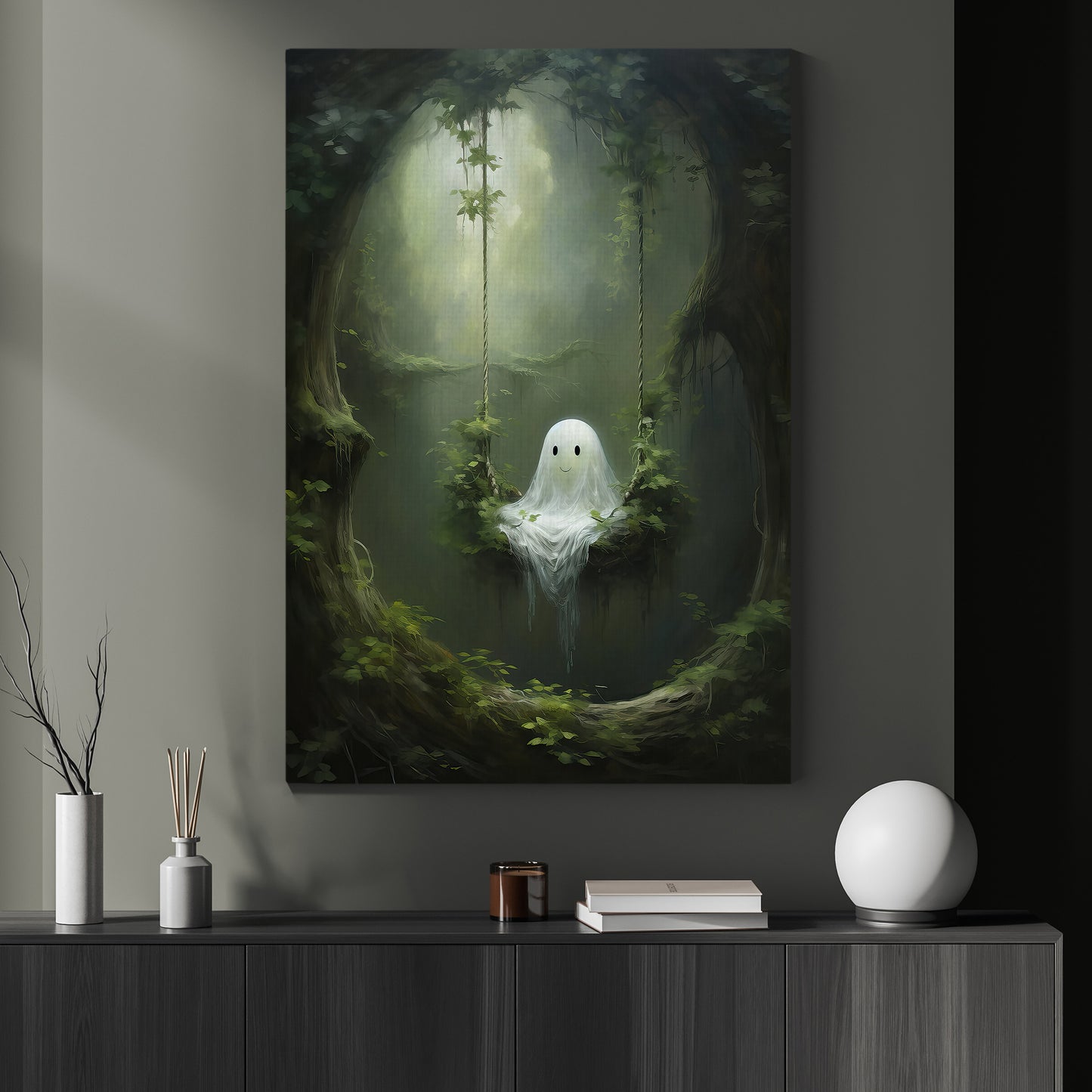 Halloween Canvas Painting, Lonely Ghost Season Wall Art Decor, Halloween Poster Gift For Ghost Lovers