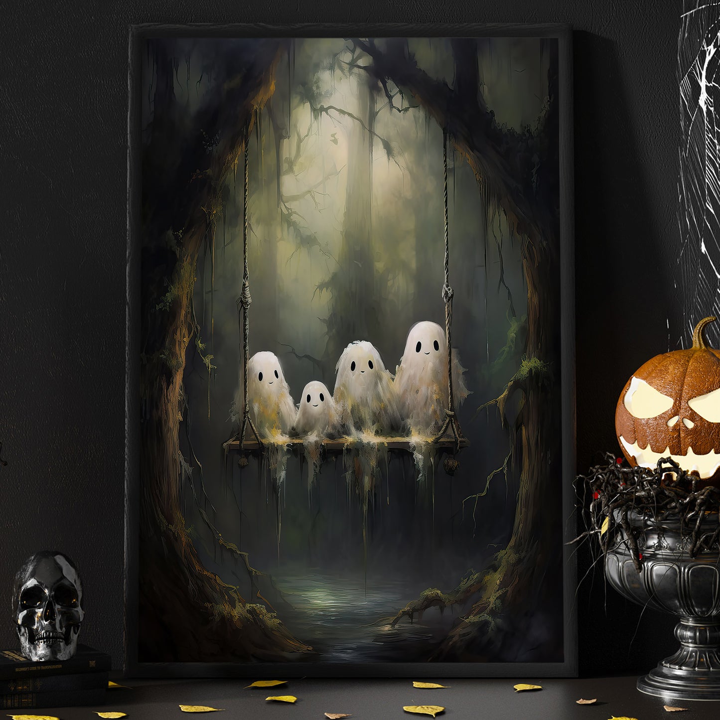 Interesting Halloween Canvas Painting, Ghost Family Season Wall Art Decor, Halloween Poster Gift For Ghost Lovers