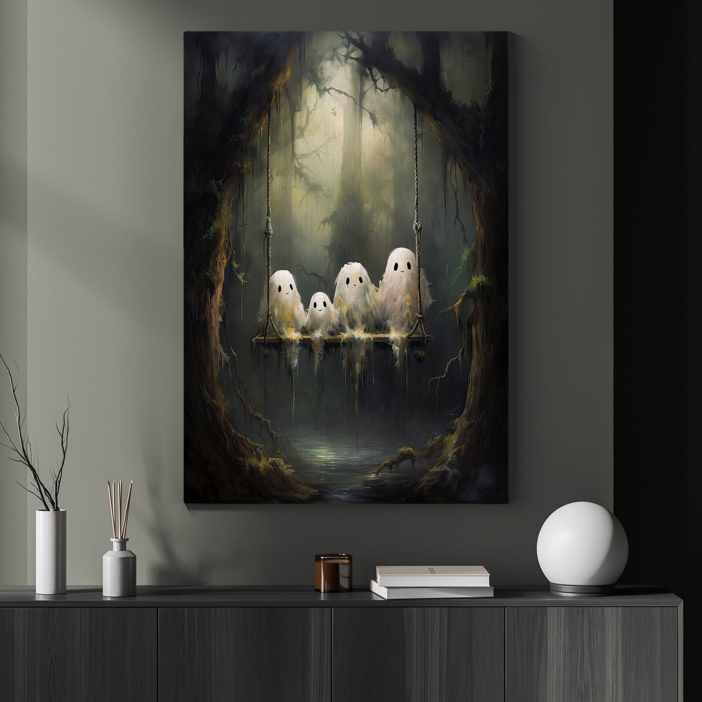 Interesting Halloween Canvas Painting, Ghost Family Season Wall Art Decor, Halloween Poster Gift For Ghost Lovers