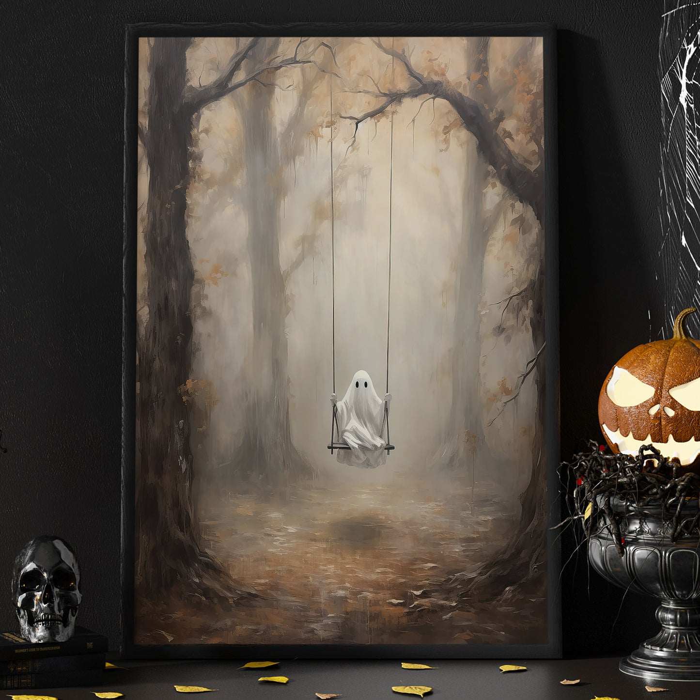 Interesting Halloween Canvas Painting, Ghost Plays Swing Season Wall Art Decor, Halloween Poster Gift For Ghost Lovers