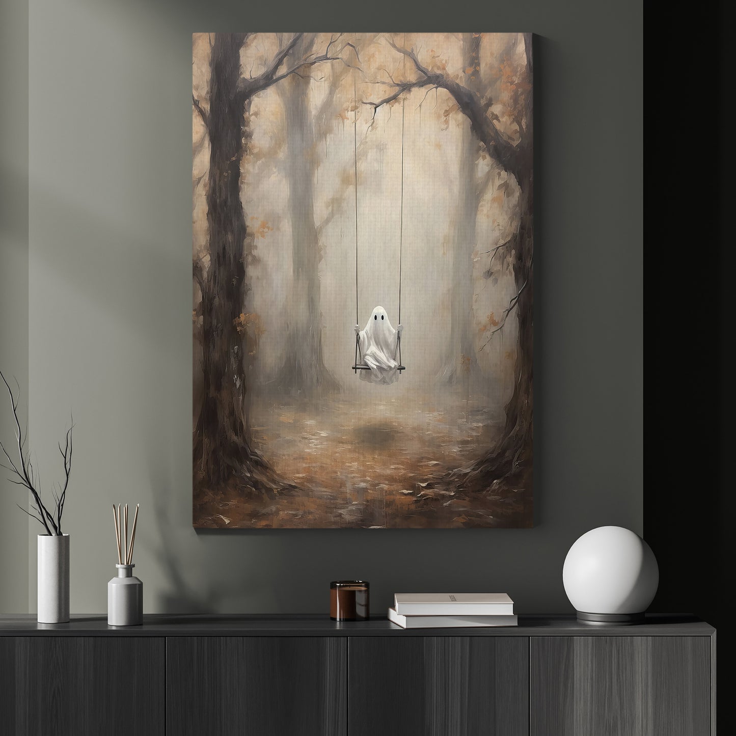 Interesting Halloween Canvas Painting, Ghost Plays Swing Season Wall Art Decor, Halloween Poster Gift For Ghost Lovers