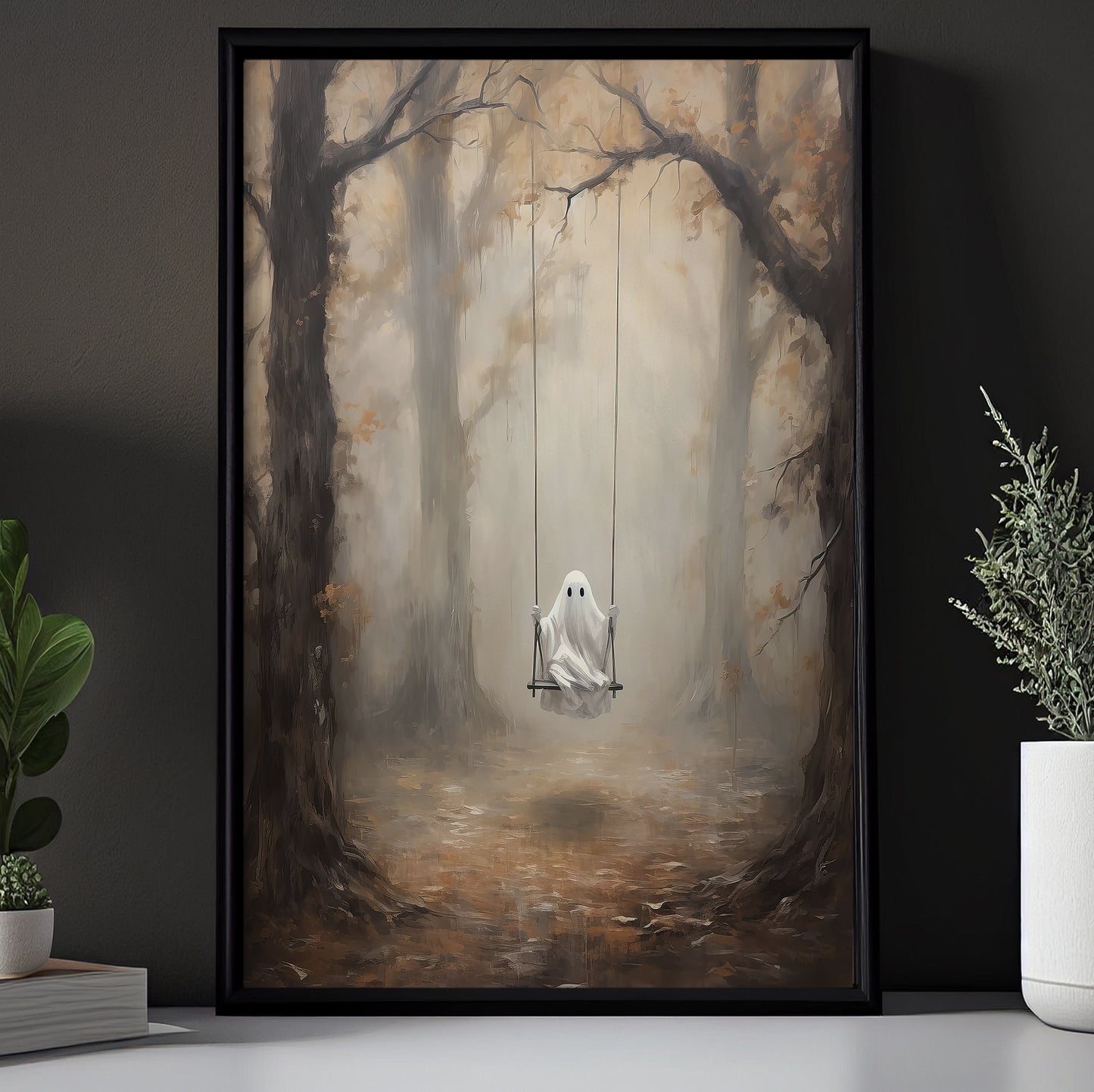 Interesting Halloween Canvas Painting, Ghost Plays Swing Season Wall Art Decor, Halloween Poster Gift For Ghost Lovers