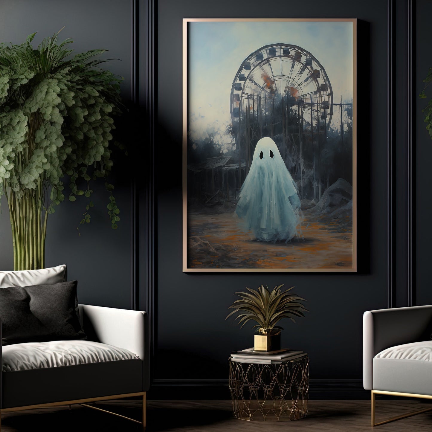 Interesting Halloween Canvas Painting, Ghost At Park Season Wall Art Decor, Halloween Poster Gift For Ghost Lovers