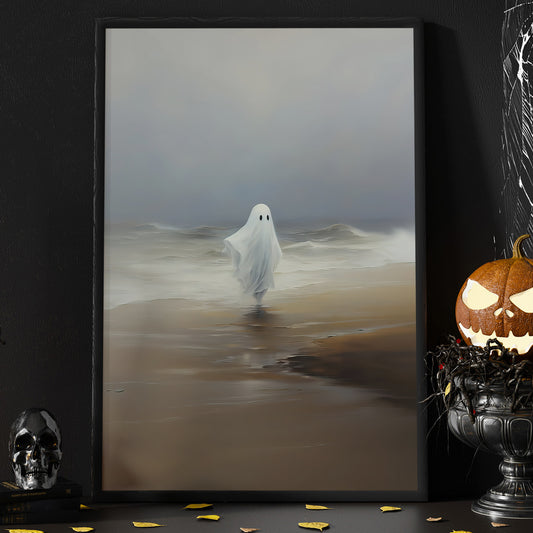 Interesting Halloween Canvas Painting, Ghost At Beach Spooky Season Wall Art Decor, Halloween Poster Gift For Ghost Lovers