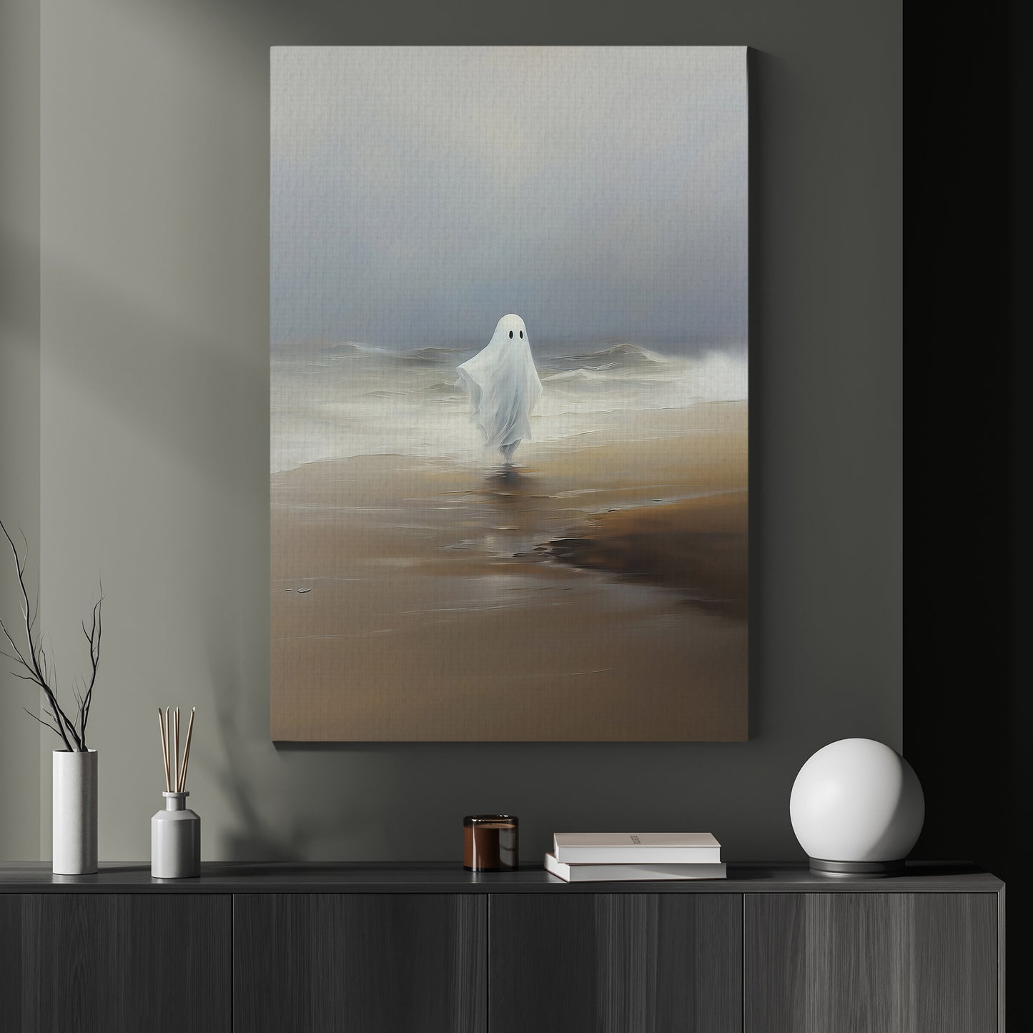 Interesting Halloween Canvas Painting, Ghost At Beach Spooky Season Wall Art Decor, Halloween Poster Gift For Ghost Lovers