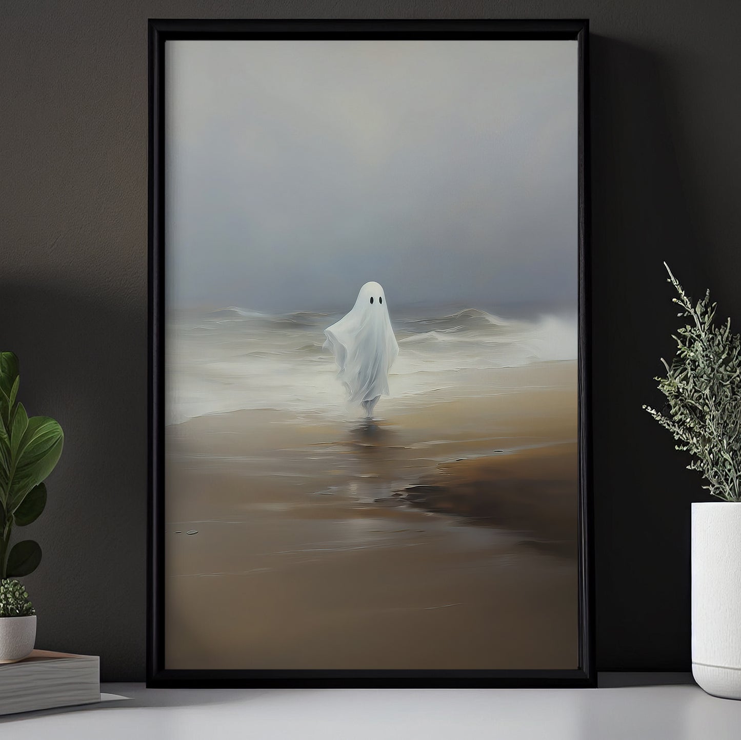 Interesting Halloween Canvas Painting, Ghost At Beach Spooky Season Wall Art Decor, Halloween Poster Gift For Ghost Lovers