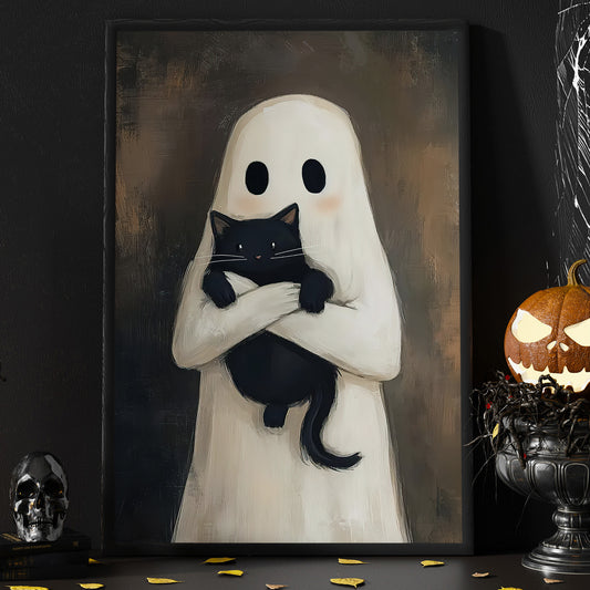 Vintage Halloween Canvas Painting, Ghost Hug Cat Spooky Season Wall Art Decor, Halloween Poster Gift For Ghost Lovers