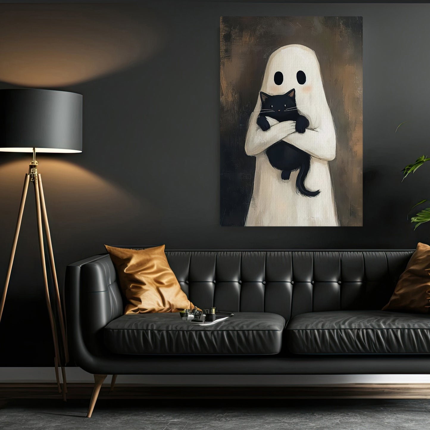Vintage Halloween Canvas Painting, Ghost Hug Cat Spooky Season Wall Art Decor, Halloween Poster Gift For Ghost Lovers