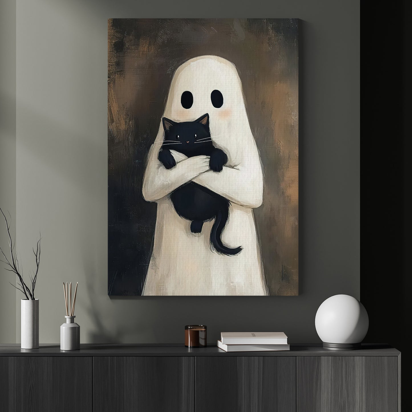 Vintage Halloween Canvas Painting, Ghost Hug Cat Spooky Season Wall Art Decor, Halloween Poster Gift For Ghost Lovers