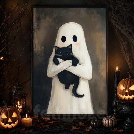 Vintage Halloween Canvas Painting, Ghost Hug Cat Spooky Season Wall Art Decor, Halloween Poster Gift For Ghost Lovers