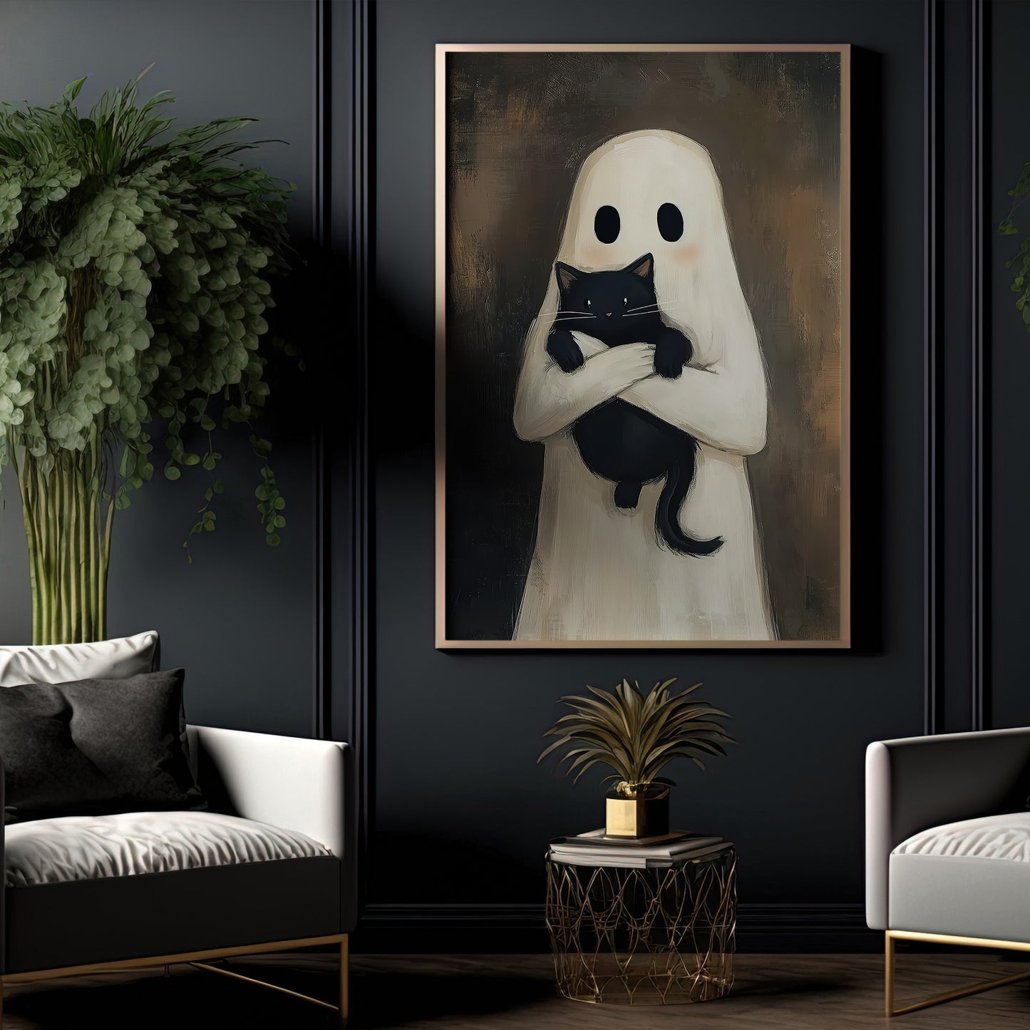 Vintage Halloween Canvas Painting, Ghost Hug Cat Spooky Season Wall Art Decor, Halloween Poster Gift For Ghost Lovers
